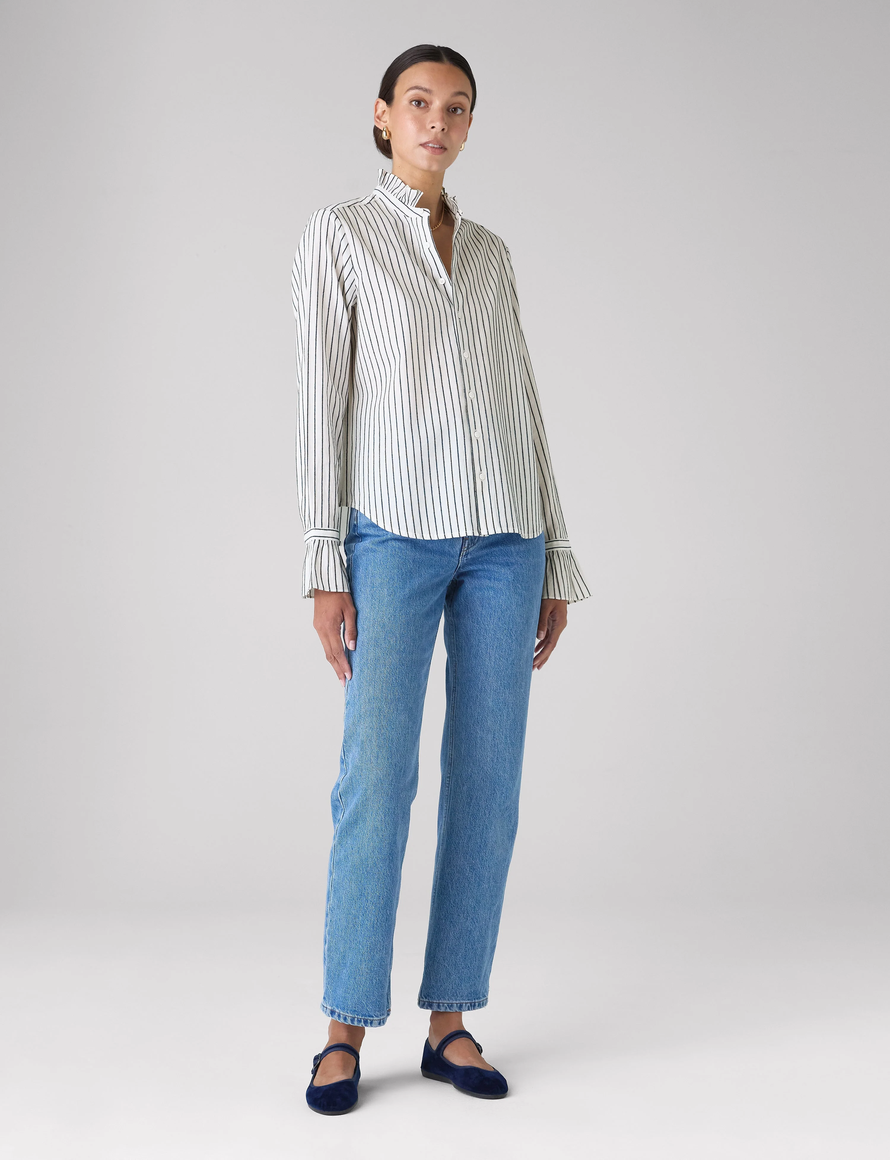 Kew Blouse: Cotton Voile, White with Navy Stripes - Image 4