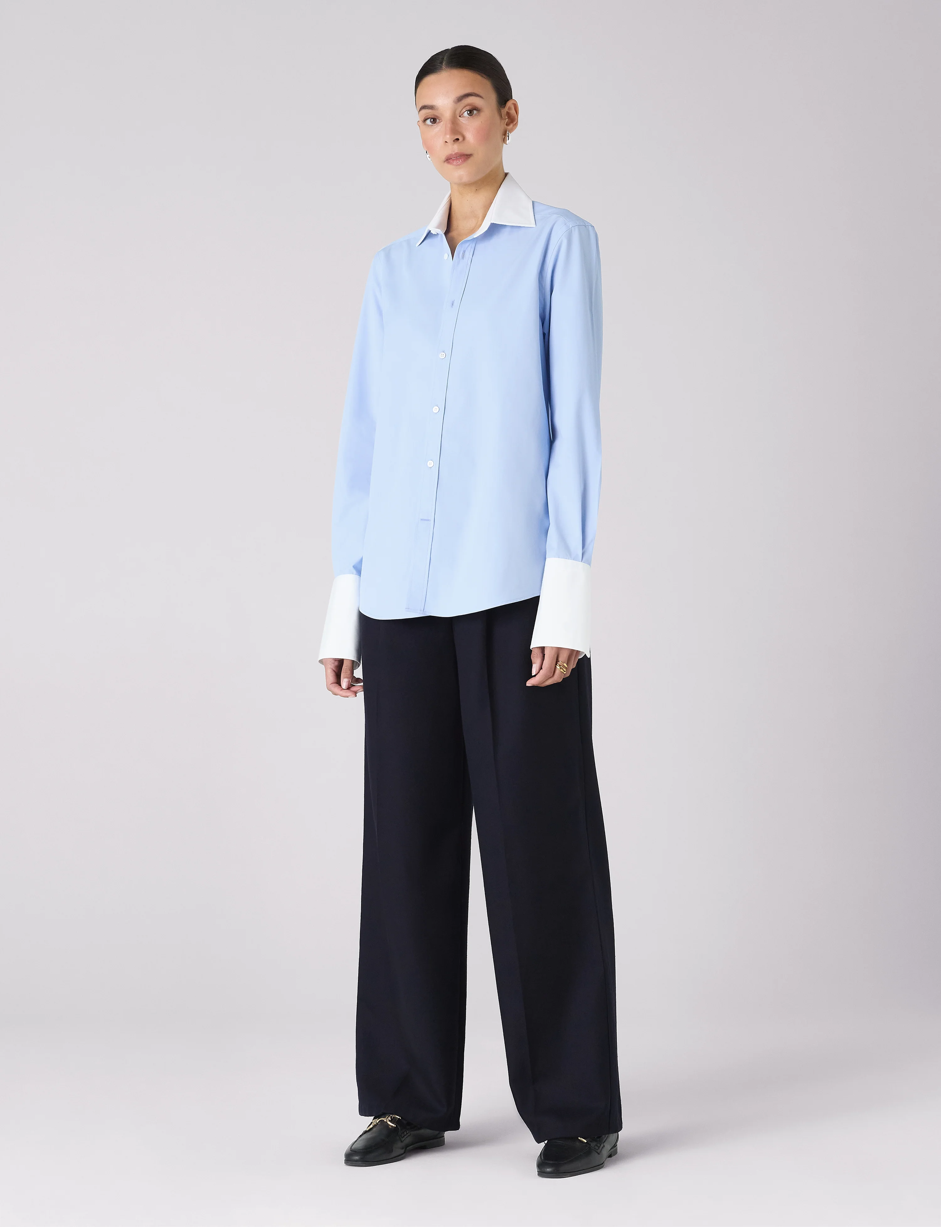 The Boyfriend Contrast Exaggerated Cuff and Collar: Fine Poplin, Sky Blue - Image 5