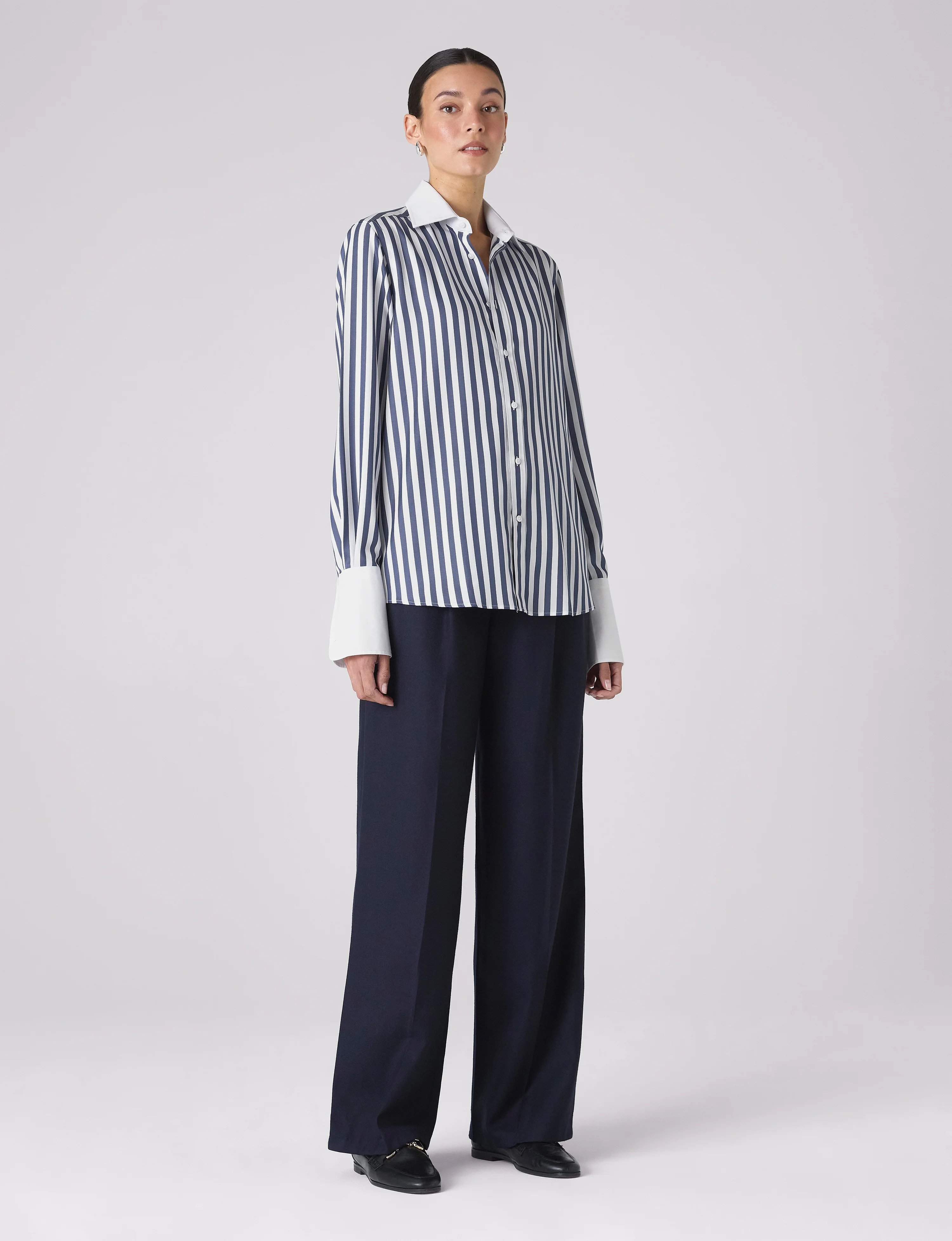 The Boyfriend Contrast Exaggerated Cuff: TENCEL™ Lyocell, Navy Blue Stripe - Image 3