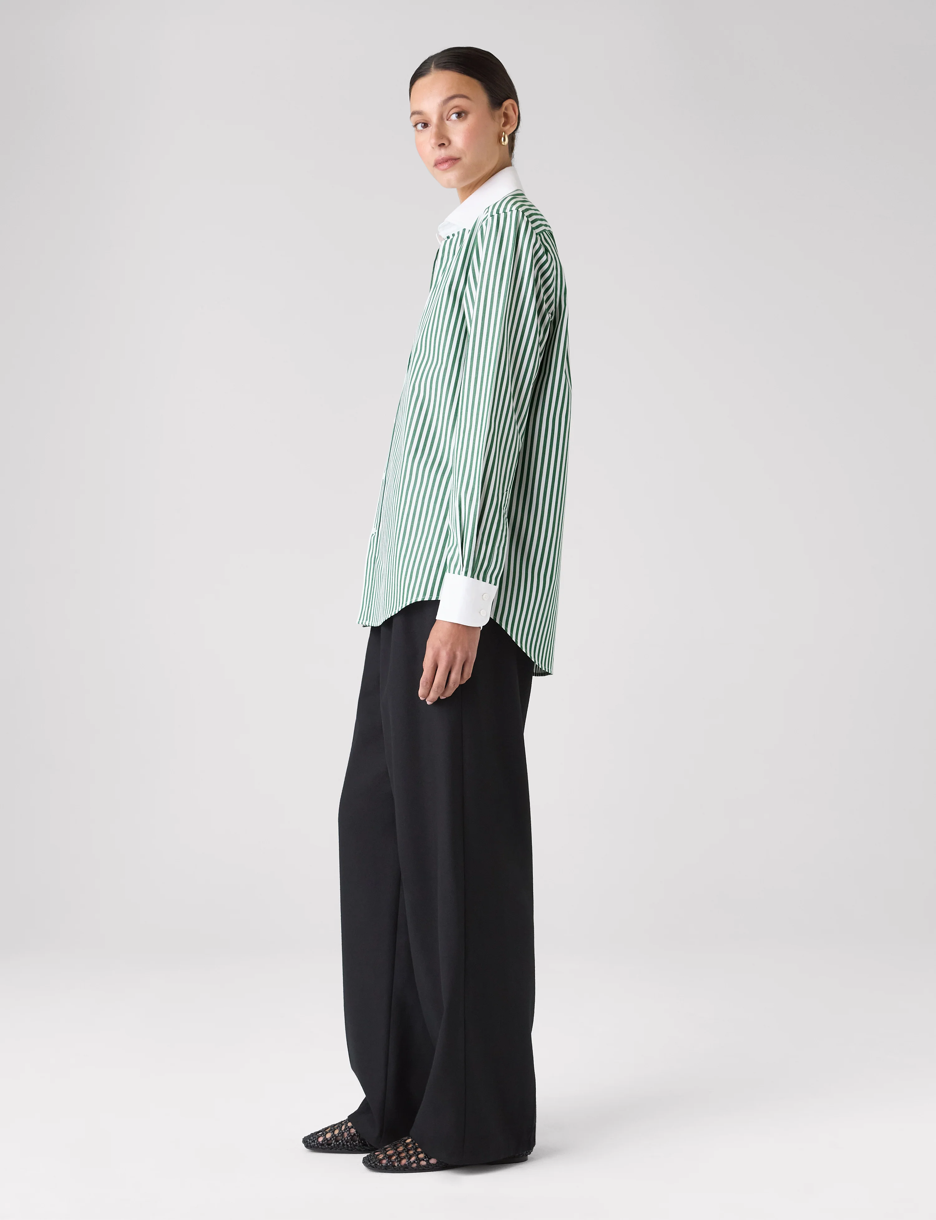 The Boyfriend Contrast: Fine Poplin, Forest Green stripe - Image 4