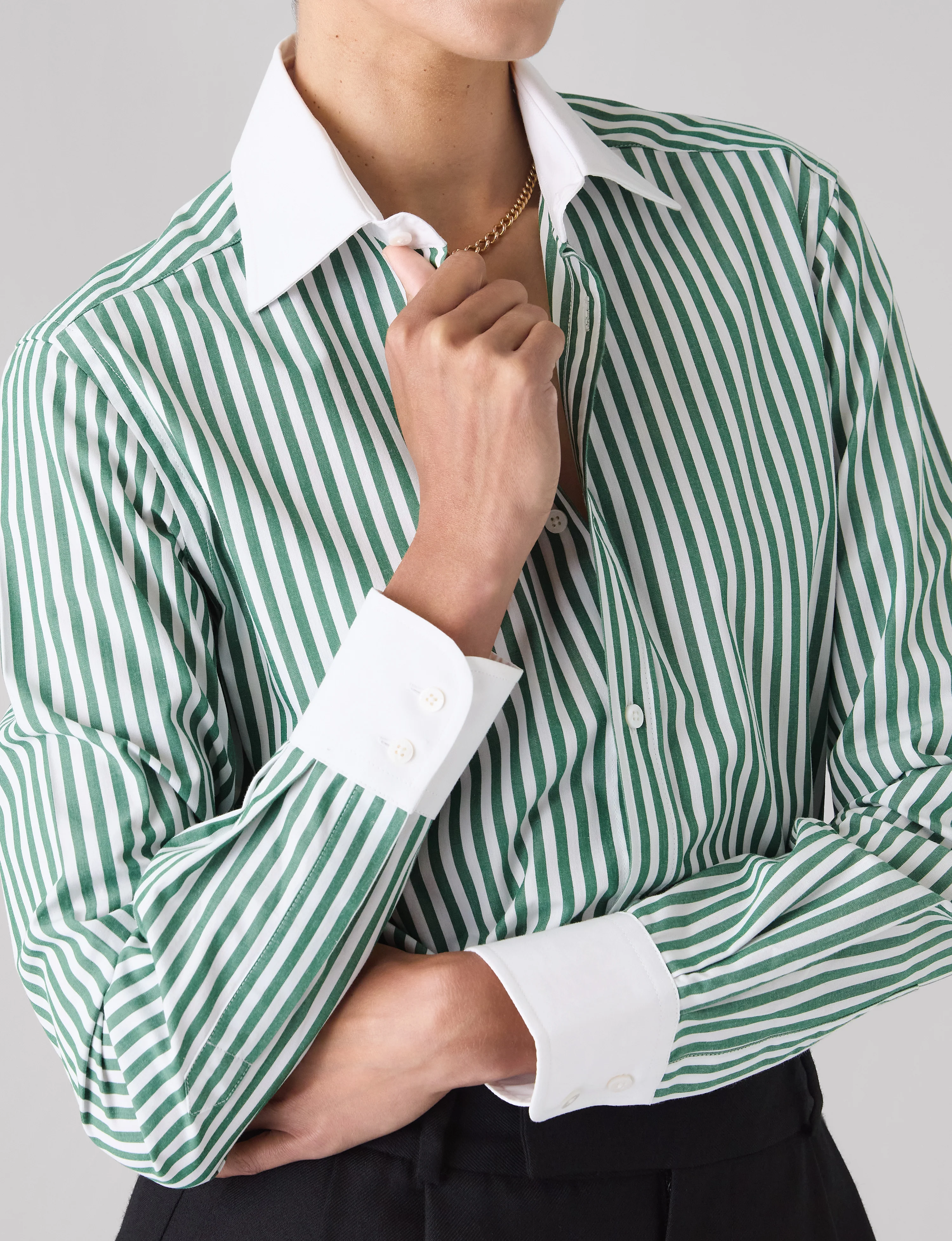 The Boyfriend Contrast: Fine Poplin, Forest Green stripe - Image 5