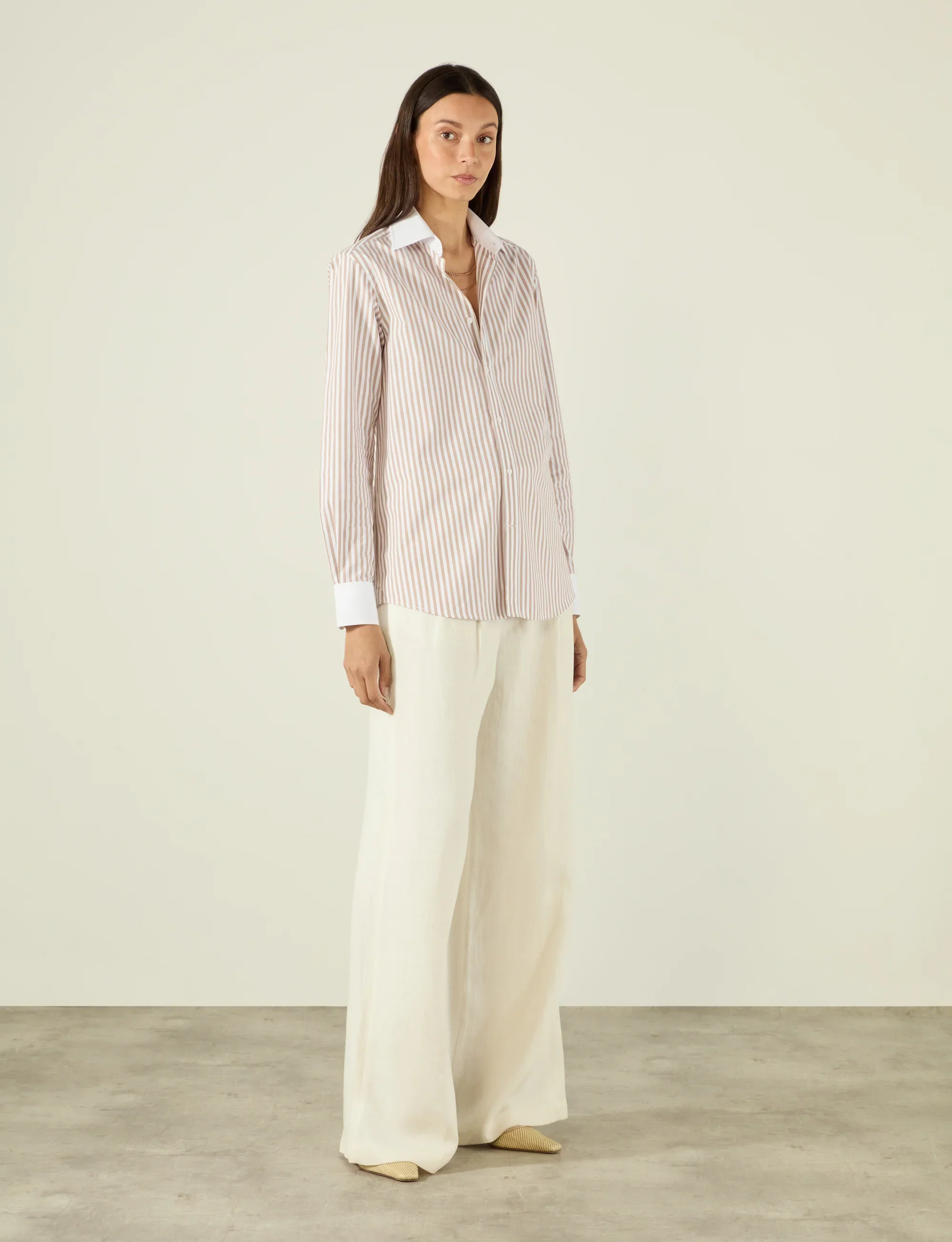 The Boyfriend Contrast: Fine Poplin, Latte Stripe - Image 4